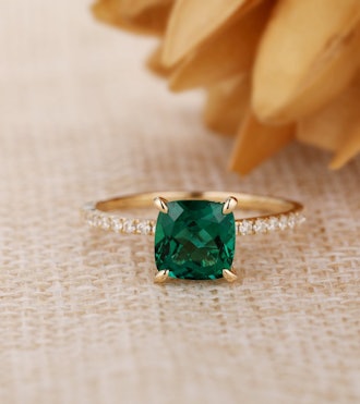 Cushion Cut Lab Created Emerald Ring