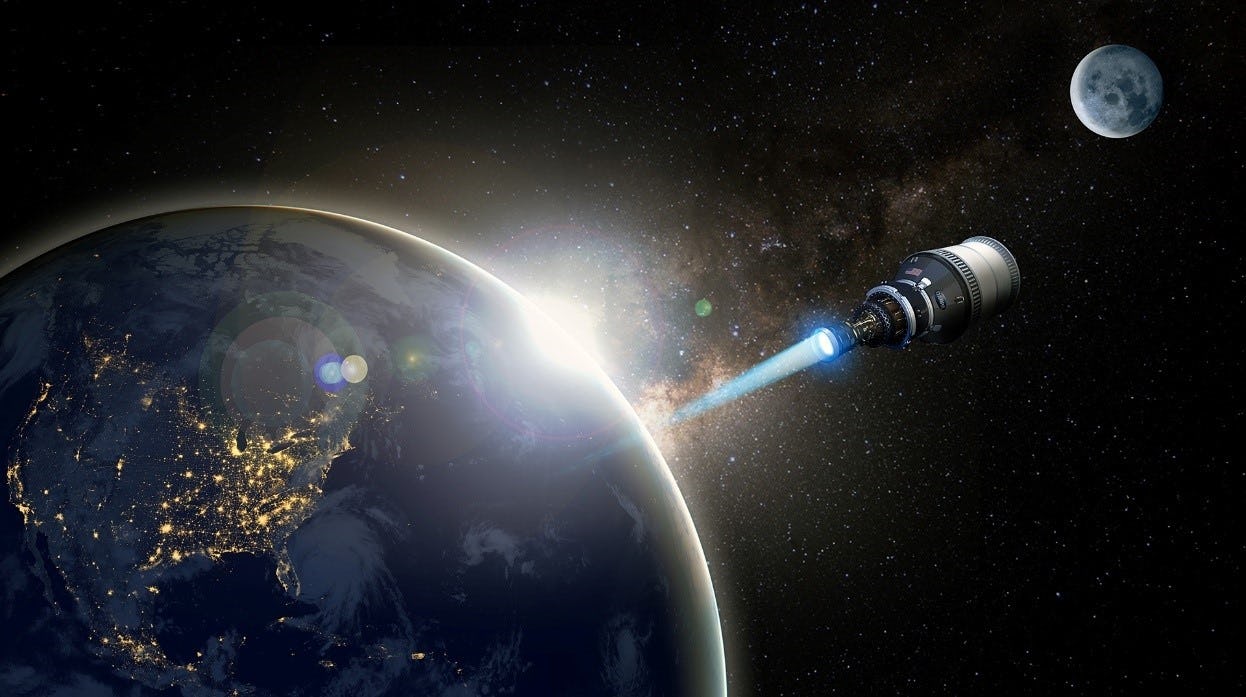 A rendering of a nuclear powered space craft entering space from Earth
