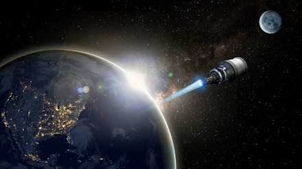 A rendering of a nuclear powered space craft entering space from Earth