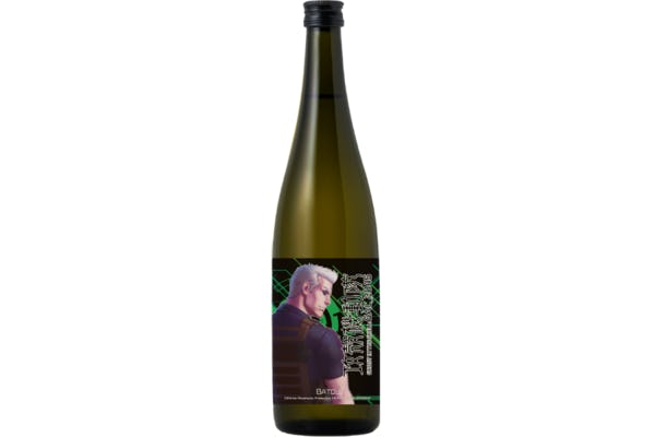 A bottle of sake with Ghost In The Shell character Batou on it.