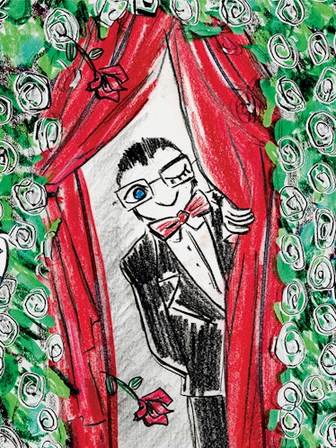 A crayon illustration of Alber Elbaz looking behind a red curtain