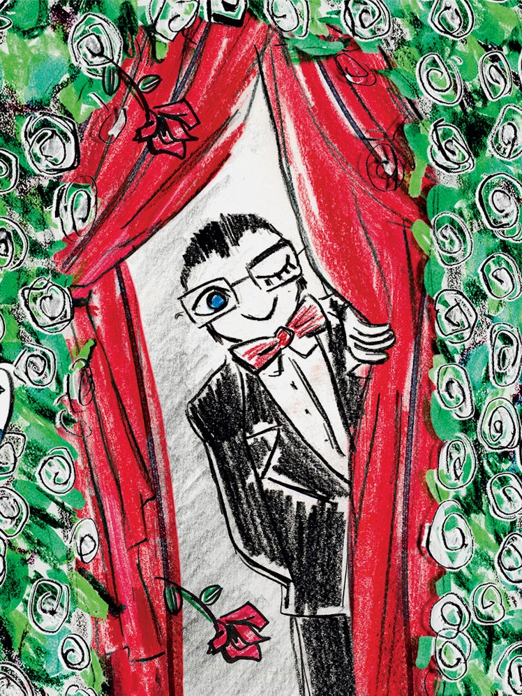 A crayon illustration of Alber Elbaz looking behind a red curtain