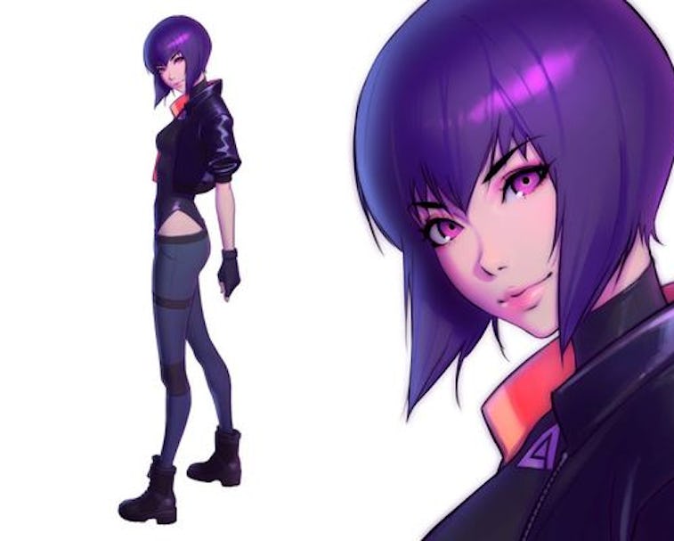 Ghost In The Shell character Motoko Kusanagi is seen in doubles. One with a full body shot, the othe...