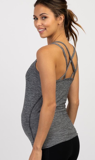 Charcoal Heathered Crisscross Back Fitted Maternity Active Top