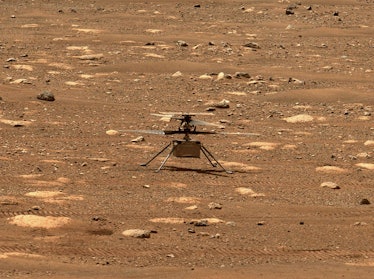 An image of the Ingenuity helicopter on the surface of Mars as captured by the Perseverance rover.
