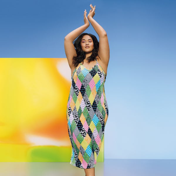 Model wearing a RIXO dress from Target's Spring 2021 Designer Dress Collection.