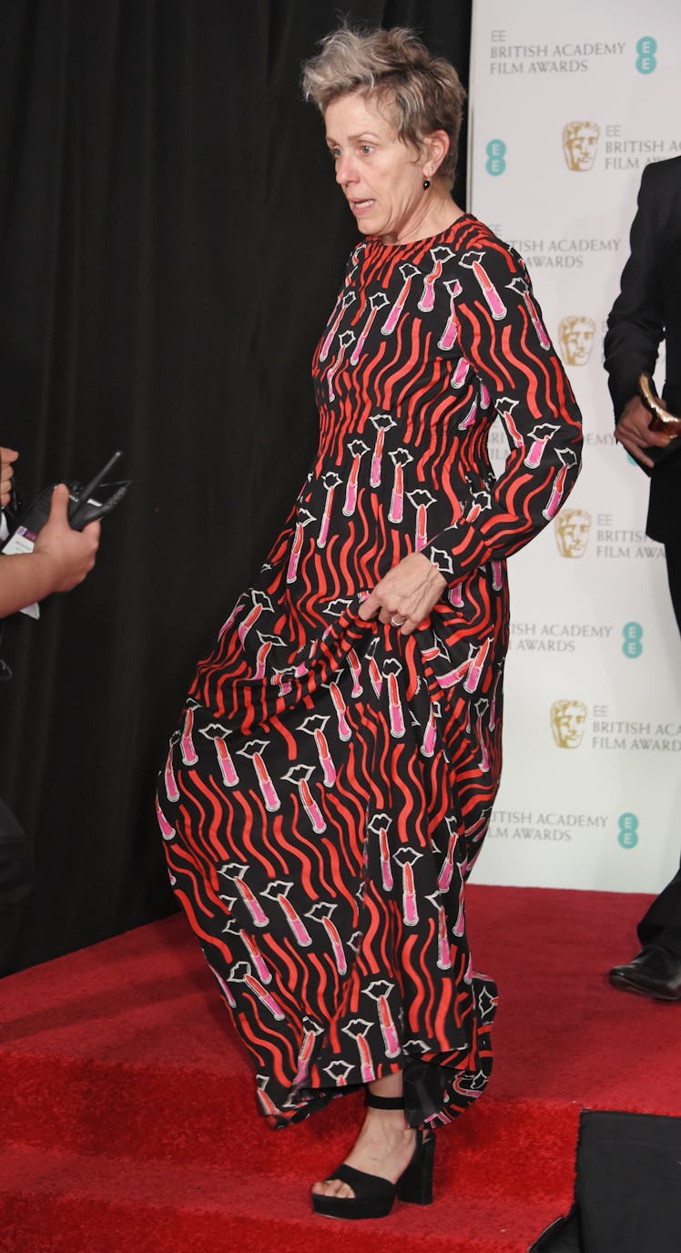 Frances McDormand wearing a patterned dress