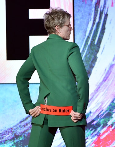 Frances McDormand holding an inclusion rider sign