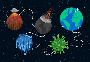 Five separate illustrations of Earth; four of them during a catastrophe and one safe and secure