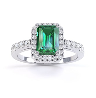 Princess Emerald Cut Emerald Halo 10K White Gold Engagement Ring