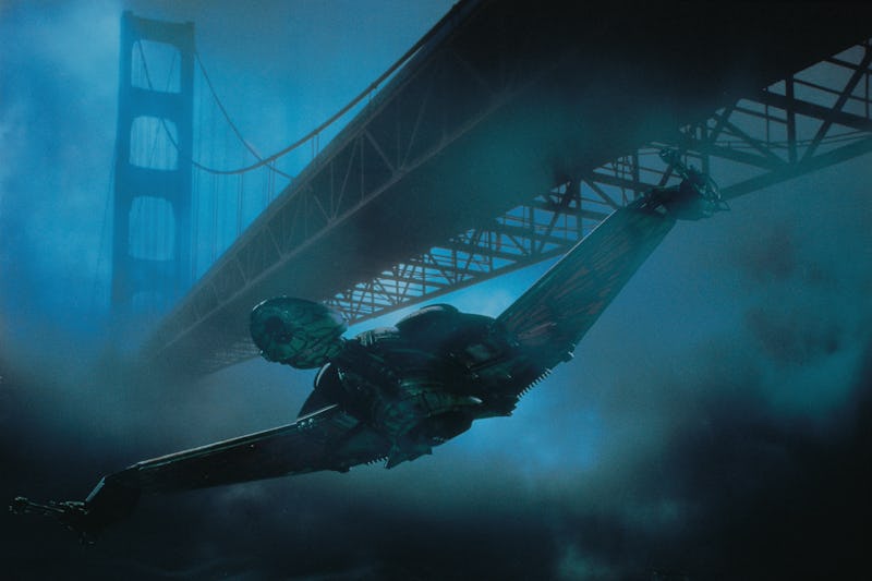 A specific aircraft under the Golden Gate Bridge