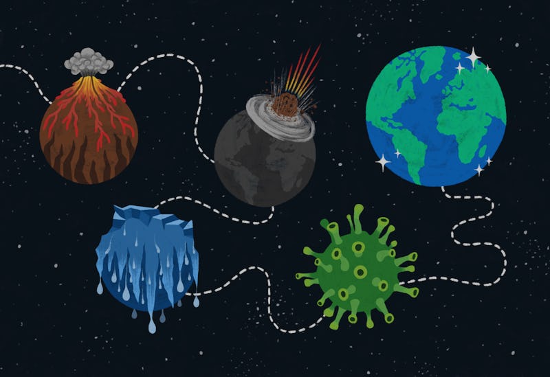 Diagram connecting volcano, meteor, ice berg, virus bacteria, and earth illustrations