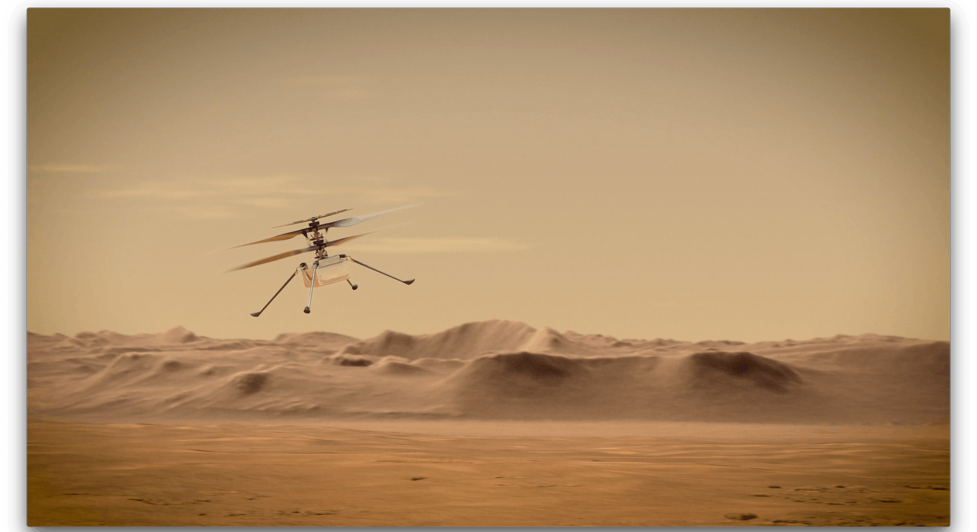An artist's concept of NASA's Ingenuity Mars Helicopter flying through the Red Planet's skies.