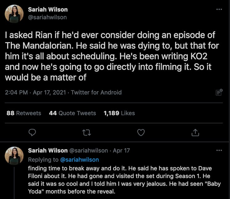 Rian Johnson Sariah Wilson Mandalorian Last Jedi