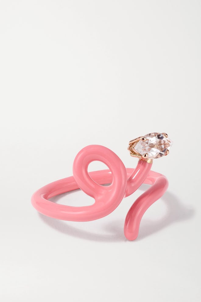 Baby Vine Tendril Rose Gold, Enamel and Rock Crystal Ring 