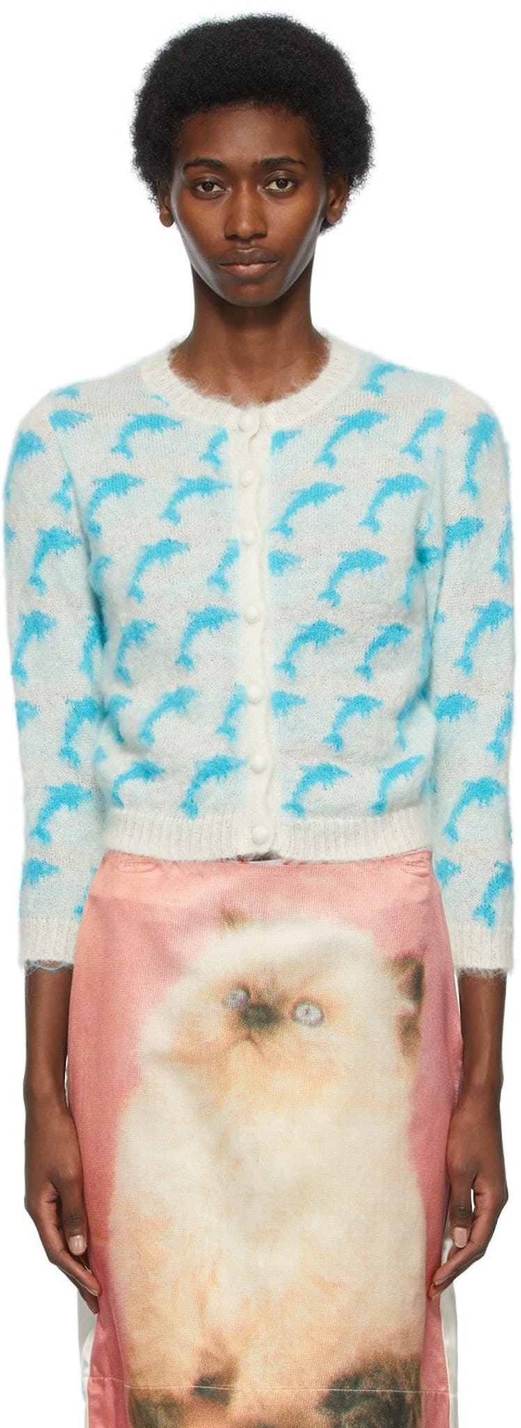 Off-White & Blue Mohair Dolphin Cardigan