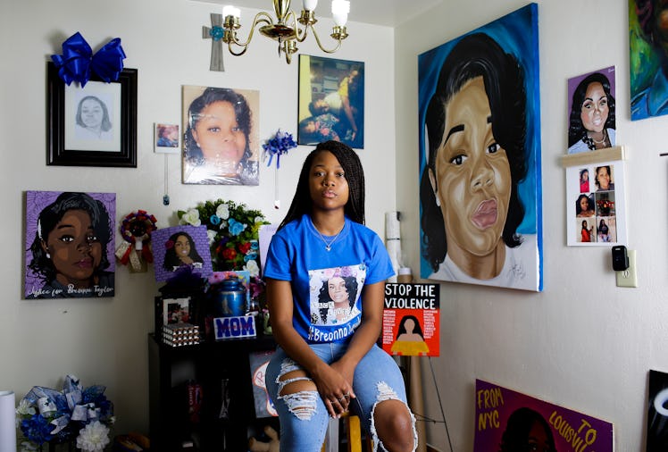 Ju'Niyah Palmer, who is the sister Breonna Taylor poses for a portrait surrounded by photos and pain...