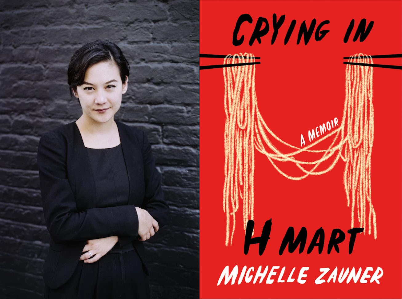 Left: A portrait of Michelle Zauner. She's in a black cardigan and shirt leaning against a black bri...