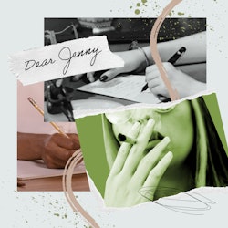 "Dear Jenny" collage with a woman's hand writing a letter and a woman smoking a joint.