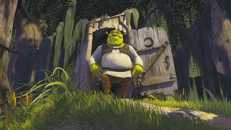 Shrek proudly leaving a wood cabin