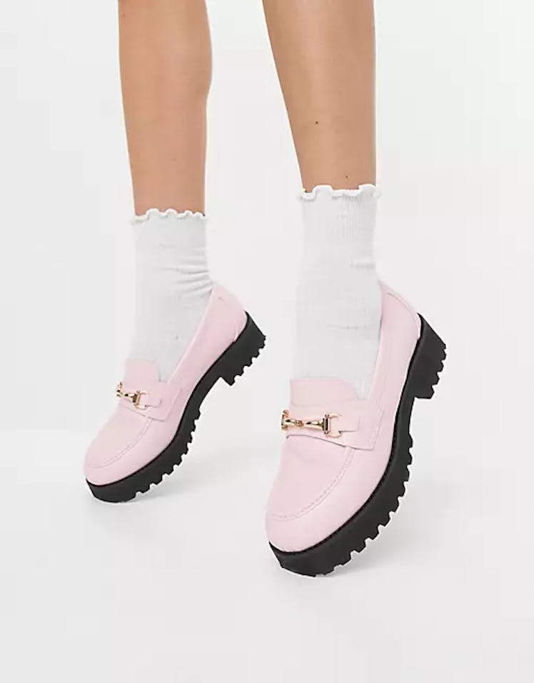 Raid Wide Fit Empire Chunky Loafers with Gold Snaffle in Pastel Pink