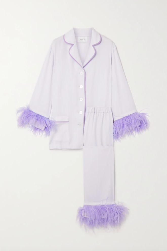Sleeper Party feather-trimmed crepe de chine pajama set