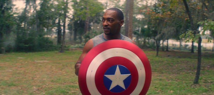 Sam Wilson in Falcon and Winter Soldier holding Captain America's shield