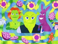 Cartoonish illustration of Shrek, Donkey, and Princess Fiona smiling