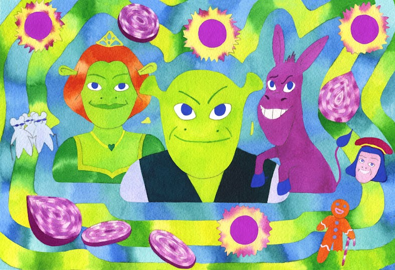 Cartoonish illustration of Shrek, Donkey, and Princess Fiona smiling