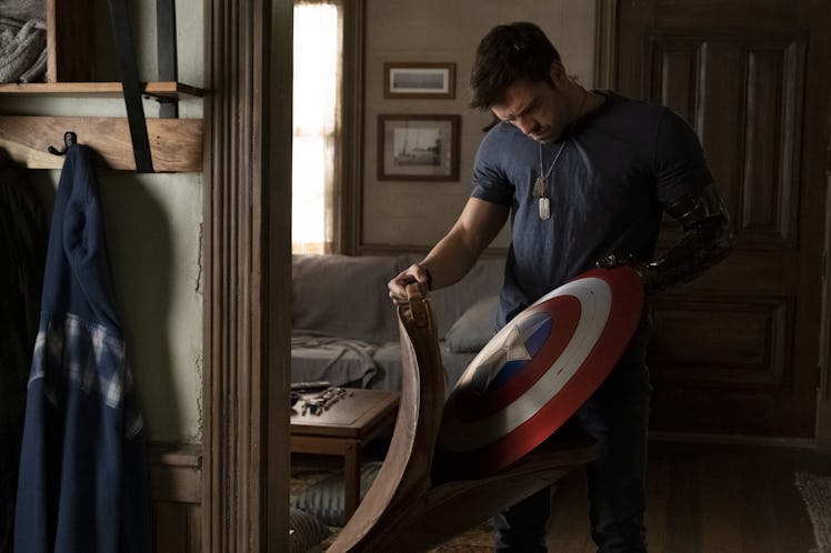Bucky in Falcon and Winter Soldier holding Captain America's shield
