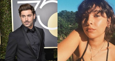 A two-part collage with Zac Efron in a black suit and shirt, and Vanessa Valladers in a black bralet...
