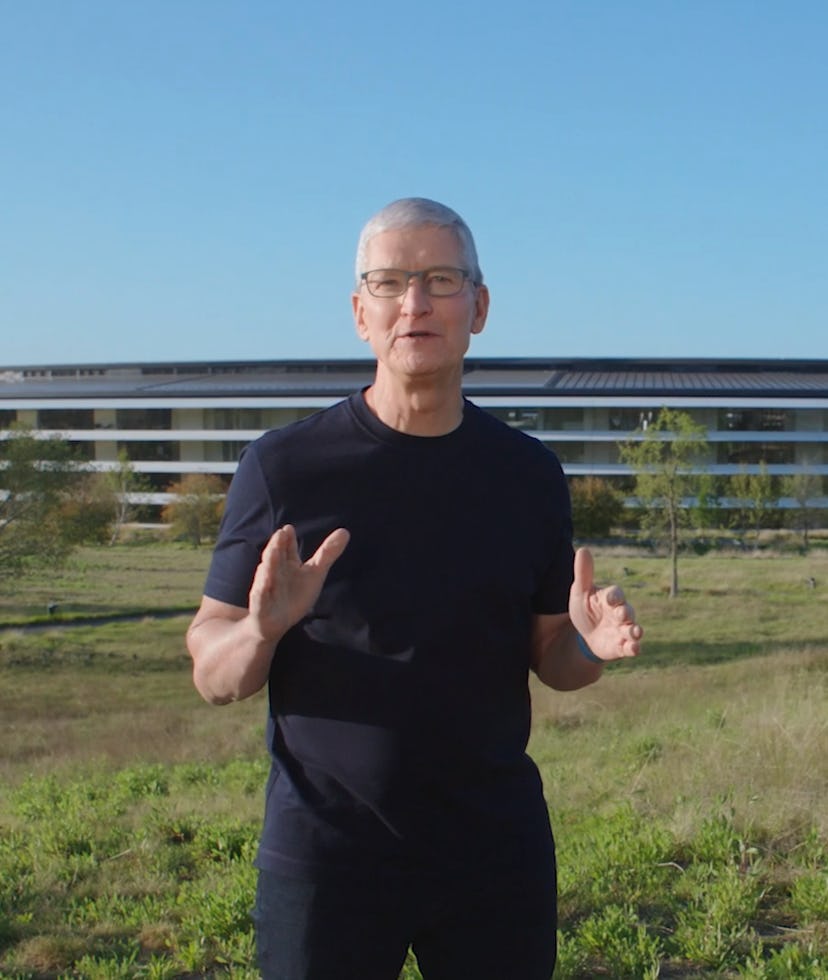 Apple's Tim Cook during  a major product event.  iOS. iPhones. Software.