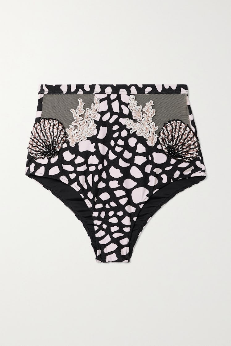 Beaded Tulle-Trimmed Printed Bikini Briefs