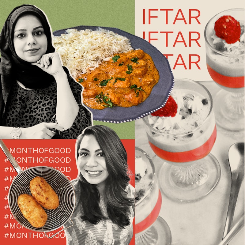 Collage of Fizzah Sayed, Anisa, Asmah Sacha, and Iftar meals 