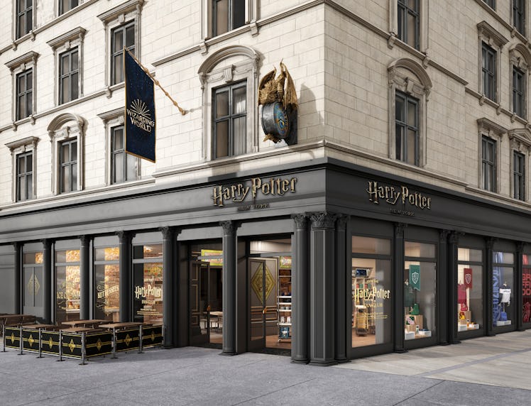 A concept shot of the Harry Potter New York store sits on a corner in New York City.