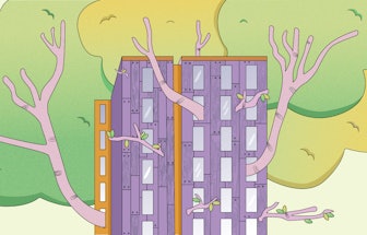A drawing of a skyscraper with branches growing out of its windows