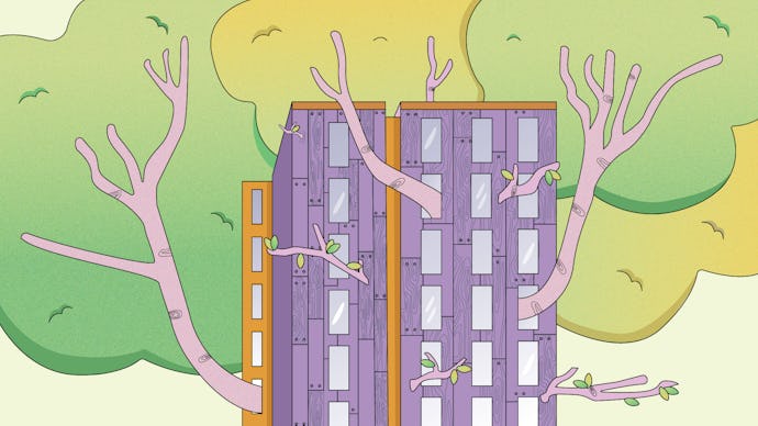 A drawing of a skyscraper with branches growing out of its windows
