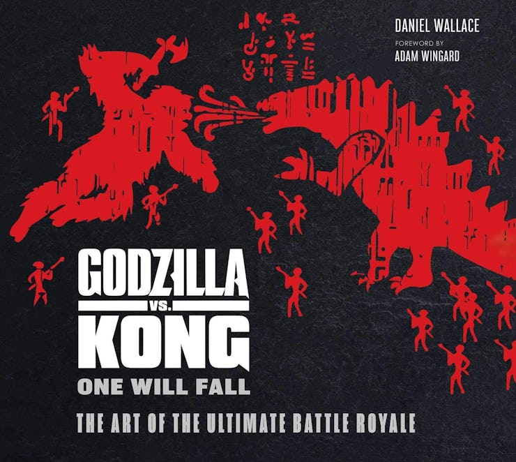 Concept art of godzilla vs king kong illustrated in black and red