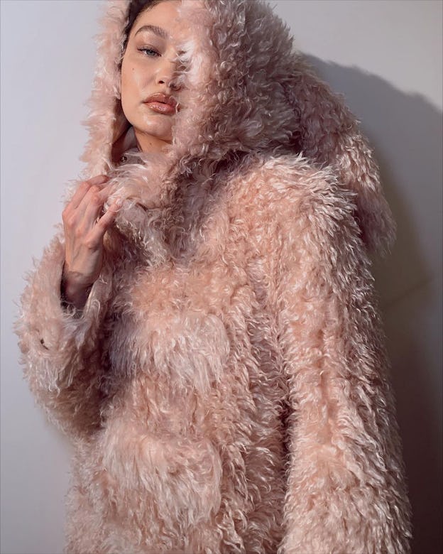 Gigi Hadid in Burberry Fall/Winter 2021 coat.