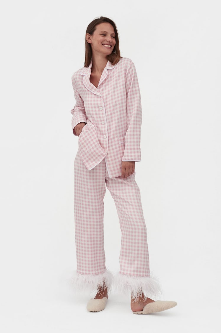 Party Pajama Set with Feathers in Pink Vichy
