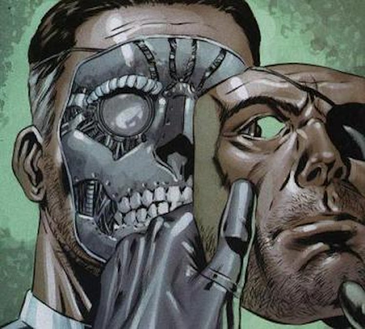 Nick Fury illustrated in Marvel taking his human face off revealing the robot face under it 