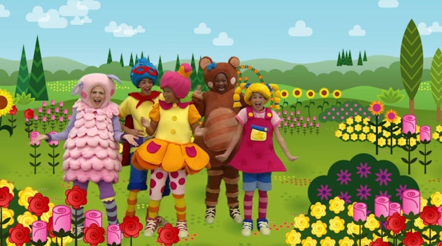 'Mother Goose Club' features actors in colorful costumes in a cartoon setting.