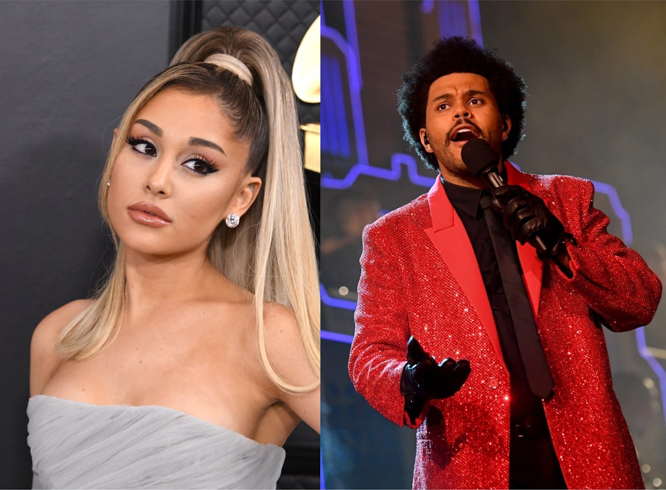 L: A portrait of Ariana Grande at the Grammys. R: A photo of The Weeknd performing at the Super Bowl...