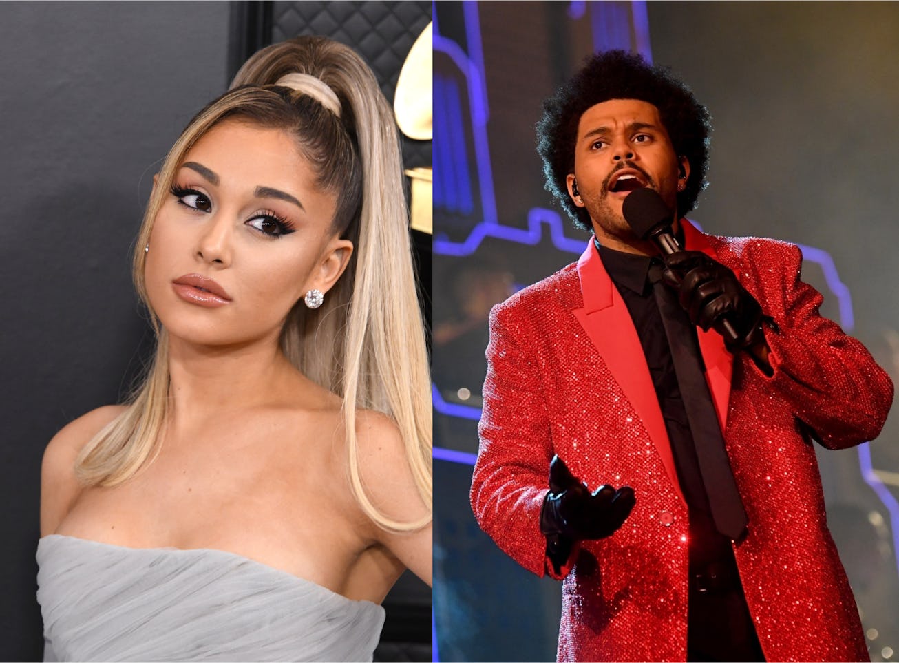 L: A portrait of Ariana Grande at the Grammys. R: A photo of The Weeknd performing at the Super Bowl...