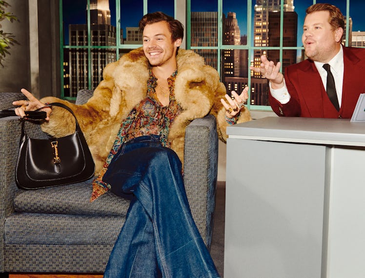 harry styles wearing Gucci fur james corden