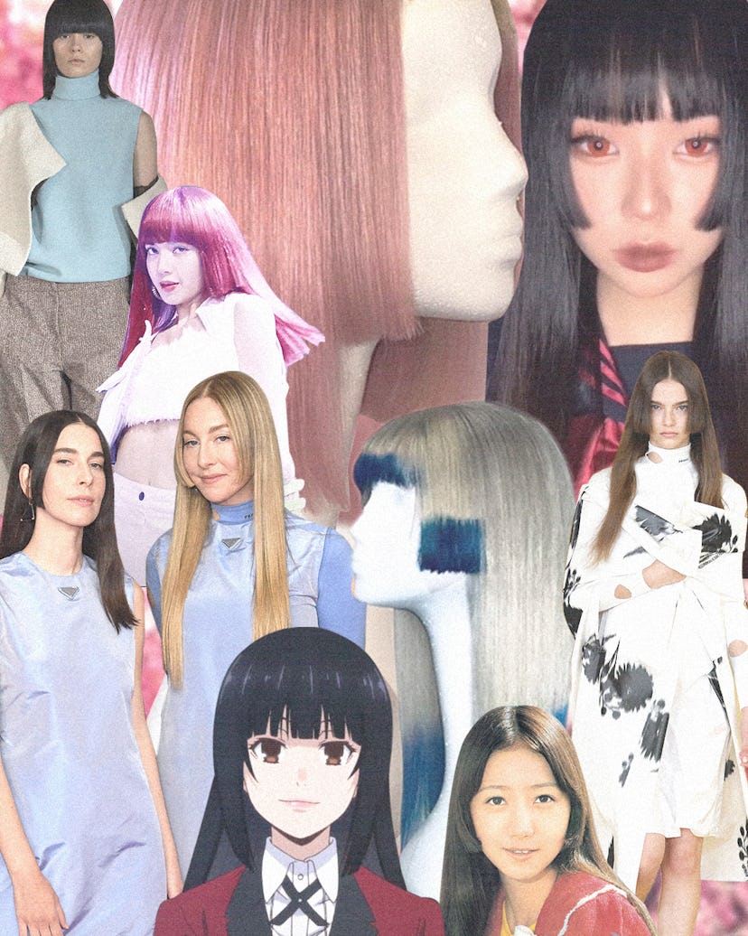 Collage by Tilden Bissell for W magazine of multiple women wearing the Hime Haircut
