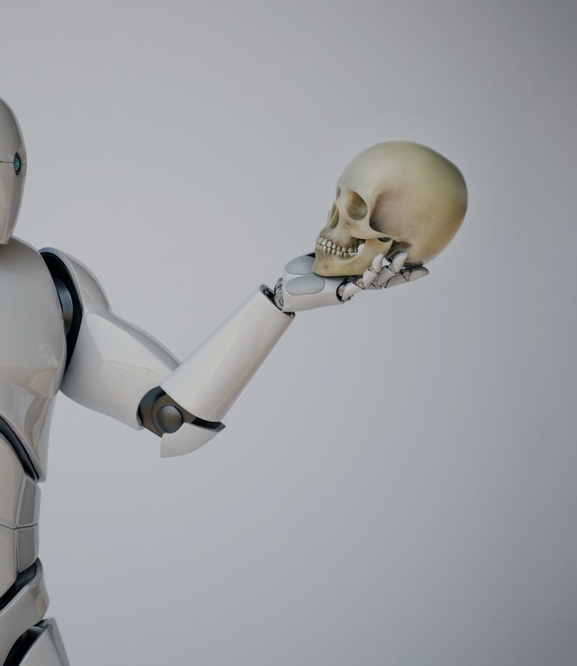 Robot holding human scull, AI takeover concept, automation, artificial intelligence 3d rendering