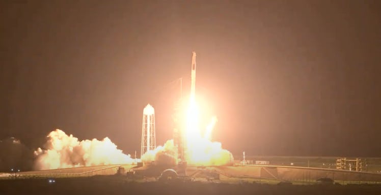 The Falcon 9 rocket launching into the morning sky.