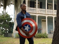 Anthony Mackie holding a Captain America shield