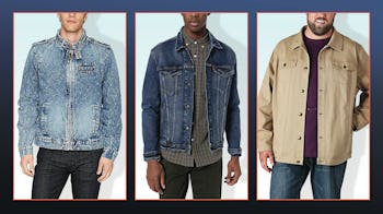 Three men wearing levis trucker stonewashed denim jackets in different colors